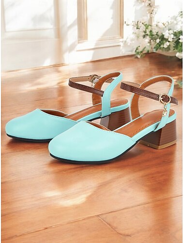  Zapatos de tacón de bloque con tira en el tobillo en dos tonos de color azul claro para mujer: zapatos de vestir con punta redonda y punta cerrada con colgante para la oficina y ropa informal