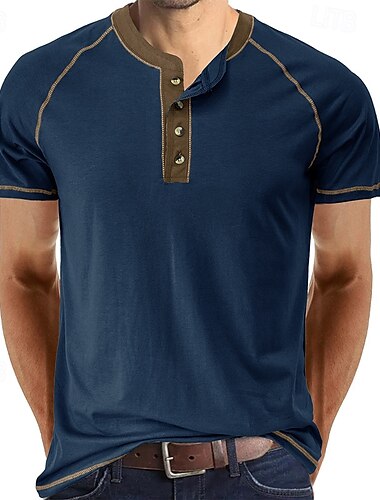  Homens Camiseta Botão Camiseta Camisa Henley Camisa de manga curta Manga Curta Henley Verão Cor Sólida / Simples Moda Designer Moda Férias Rua Para Noite Vinho Azul marinho Preto Top Tee para Homens