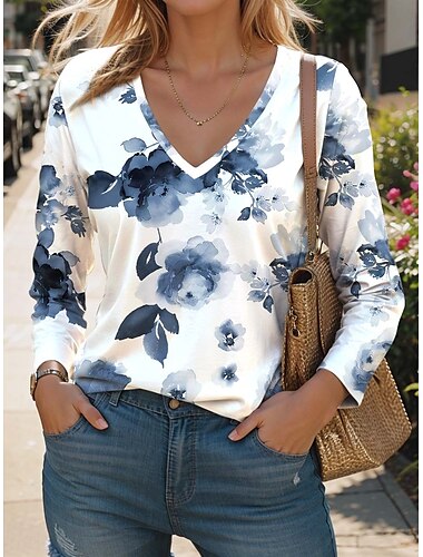  女性用 Tシャツ フラワー ファッション 近代の カジュアル 長袖 クルーネック レギュラートップス 日常 週末 プリント ブラック ホワイト ピンク ブルー グリーン 秋 冬