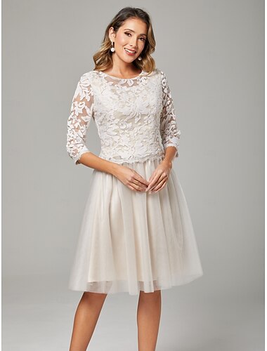  A-Linie Brautmutterkleid Hochzeitsgast Elegantes Durchsichtiger Rundhals Knie-Länge Chiffon Spitze Tüll 3/4-Arm mit Falten Applikationen Midi Kleid 2025