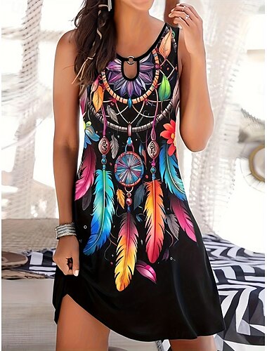  Dames Mini-jurk Casual jurk Tank-jurk Boho-jurk Bohemen Vakantie Vintage Vakantie Dagelijks Normale pasvorm Veer Mouwloos Strakke ronde hals Zwart Paars Zomer