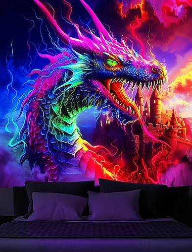  Tapisserie noire lumineuse qui brille dans le noir Glow Party UV réactive château dragon Trippy Misty paysage naturel Tapisserie murale art mural pour salon chambre