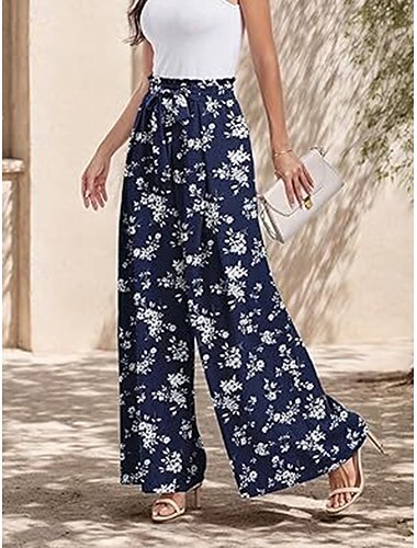  Femme Ample Chino Mode Vêtement de rue Toute la longueur Taille haute Floral Feuille Poche Ceinture élastique Imprimé Confortable Doux Micro-élastique Extérieur Plein Air Bleu-marine Vert clair Vin