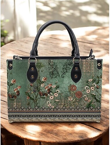  sac fourre-tout vintage à imprimé floral ethnique totem pour femme avec poignée en cuir noir - design de broderie élégant, parfait pour un usage quotidien, des occasions décontractées ou semi-formelles noir bleu vert