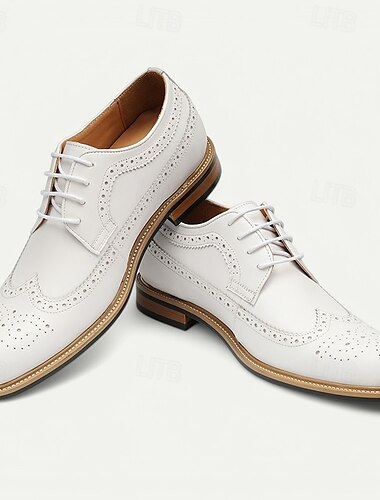  weiße Brogue-Schnürschuhe aus hochwertigem Rindsleder für Herren mit perforierten Details, formeller Stil für Hochzeiten und besondere Anlässe