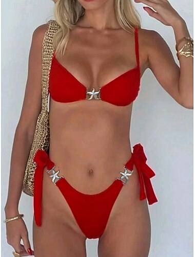  Femme Maillots de Bain Bikinis 2 pièces Tanga Maillot de bain Dos Nu Mince Vacances Tenues de plage Couleur unie Col V Sans Manches Maillots de bain