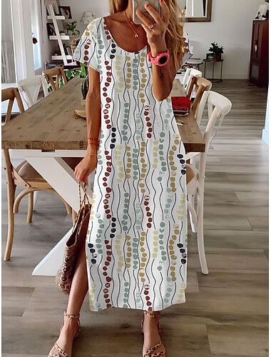  Φόρεμα Maxi Γυναικείο Μακρύ Μανίκι Boho Elegant Vintage Μανίκι Πεταλούδα Διακοπών Παραλία Κανονική Εφαρμογή Πολκα Διπλό Κοντομάνικο Crew Neck Λευκό Καλοκαίρι