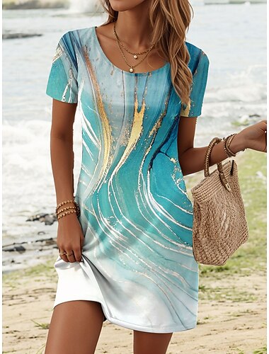  Femme Mini robe Robe casual Décontractées du quotidien Standard Impression de marbre Manche Courte Col Ras du Cou Bleu Eté
