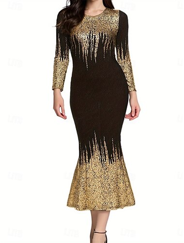  Damen kleid lang abendkleider Elegant Stilvoll Sexy Regular Fit Langarm Rundhalsausschnitt Silber Gold Frühling Herbst Winter