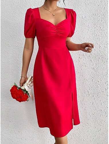  Robe midi femme Robe corset Robe en A Robe de laitière Robe à manches bouffantes Vacances Vacances Quotidienne Coupe régulière Unie Manches courtes Col carré Rouge Été