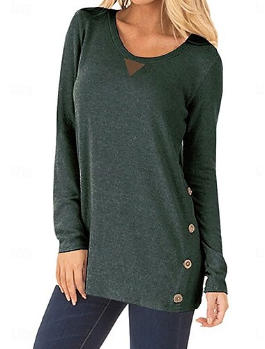  Damen T Shirt Glatt Modisch Modern Brautkleider schlicht Langarm Rundhalsausschnitt Normale Oberteile Täglich Wochenende Knopf Schwarz Wein Blau Dunkelgrün Frühling Herbst