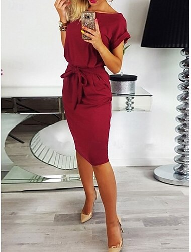  Damen Mini Kleid Wickelkleid T-Shirt Kleid Tee Kleid Einfarbig Off-Shoulder Kleid Freizeit Urlaub Freizeit täglich reguläre Passform Grafik Kurzarm Rundhalsausschnitt Schwarz Rot Blau Grün Sommer