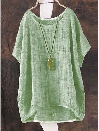  Women's Shirt Blouse Cotton Linen Shirts Solid Color Basic Casual Half Sleeve Crew Neck Regular Tops Daily Pink Green Khaki Summer