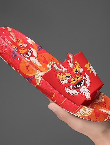  sandálias masculinas com estampa de dragão vermelho e design de dragão 3D, estilo casual para o verão e festivais