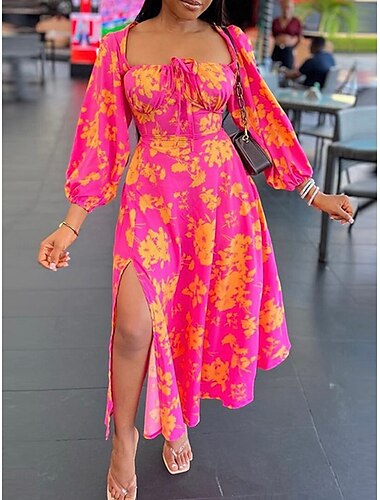  Damen Midikleid Corsagenkleider A Linie Kleid Milchmädchen-Kleid Kleid mit Puffärmeln Urlaub Urlaub Täglich Regular Fit Blumen Langarm V Ausschnitt Rote Sommer