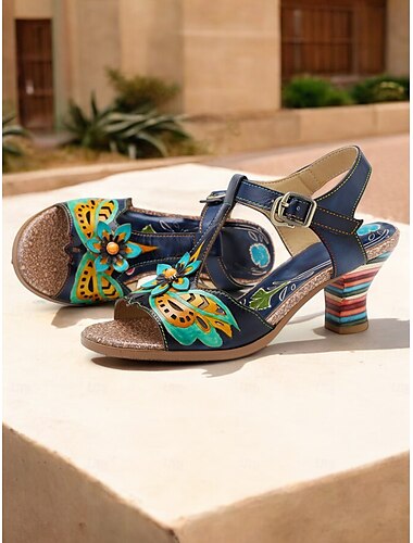  handbemalte Sandalen mit Schmetterlingsabsatz, künstlerisches Design mit buntem Blockabsatz, bequemer T-Riemen für Damen, perfekt für Frühlings- und Sommerausflüge