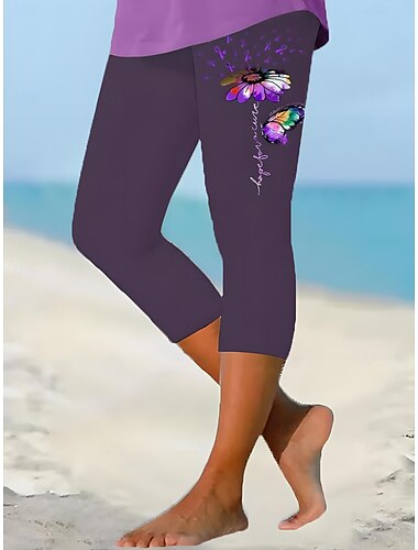  Leggings für Damen Capri-Hosen hohe Elastizität Urlaub Mode Hawaiianisch Knöchellang Mittlere Taille Floral Druck Thermisch Warm Atmungsaktiv Weich  Urlaub Freizeit Alltag Violett Schwarz Weiß