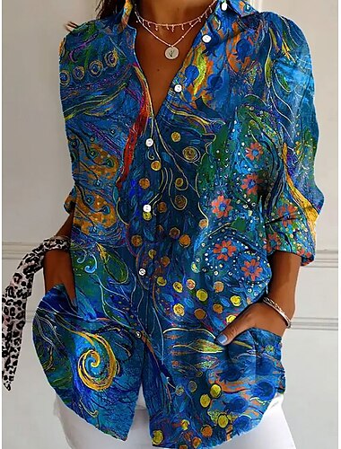 Femmes Chemise Fleuri Occasionnel manche longue Col de chemise Hauts Réguliers Travail Quotidien Boutons Imprimé Blanche Jaune Rose Claire Rouge Bleu Printemps Automne Hiver