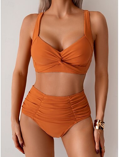  Damen Badeanzug Bikinis 2 Stück Unterhosen Bademode Rückenfrei Schlank Hoch tailliert Urlaub Strandbekleidung Feste Farbe V Ausschnitt Ärmellos Badeanzüge