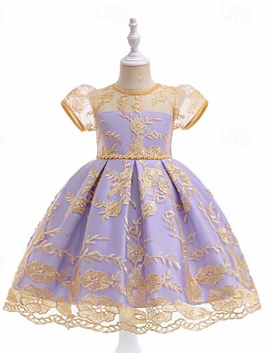  kinderkleidung Mädchen Kleid Blume Kurzarm Outdoor Casual Pailletten Modisch Süß Polyester Midi Casual kleid A Linie Kleid Tüll-Kleid Sommer Frühling 4 Jahre + Champagner Rosa Purpur