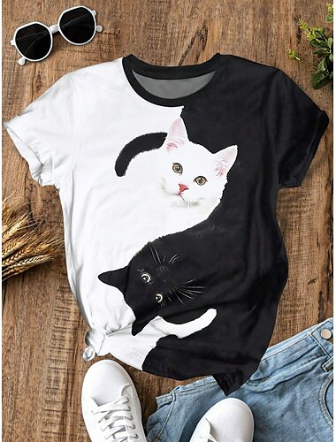  Femme T shirt Chat Décontractées Manche Courte Col Rond Hauts réguliers du quotidien Imprimer Blanche Eté