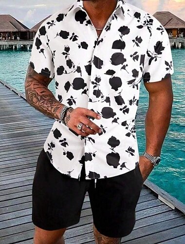  男性用 フラワー 2個 シャツセット アロハシャツ 半袖 ショートパンツ 折襟 旅行度假风 カジュアル アウトドア カジュアル 日常 3Dプリント 夏 ホワイト ピンク ブルー