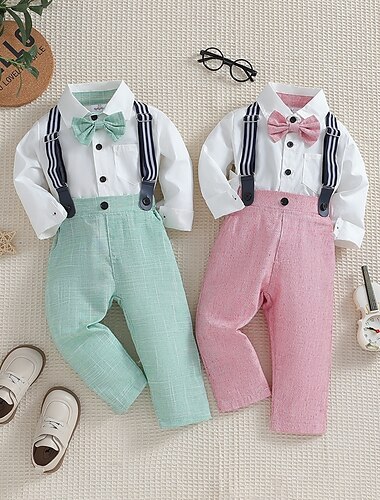  3 Peças Terno de Pajem Para Meninos Infantil Bébé Camisa & Calças Escola Formal Festa Moda Básico Casual Côr Sólida Decote V Rosa Verde Algodão