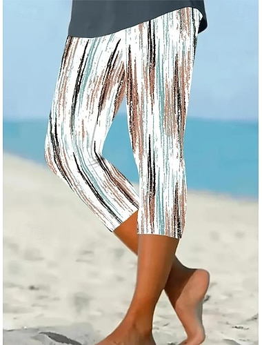  Kvinnors leggings capri byxor hög elasticitet semester mode hawaian ankellängd medelhög midja rutigt tryckand termisk varm andningsbar mjuk semester avslappnad daglig mjölkvit sommar vår regular fit