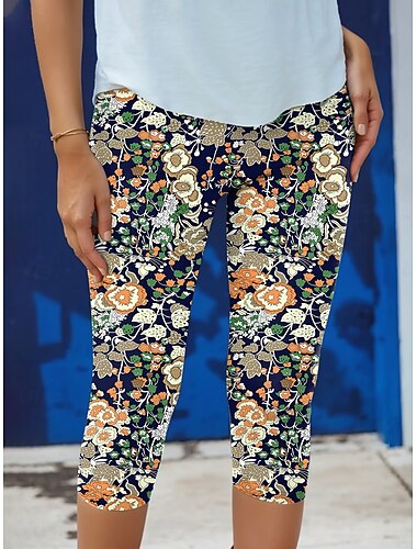  Legginsy damskie Capri Spodnie Wysoka Elastyczność Moda Uliczna Całkowita Długość Wysoki Stan Kwiatowy Druk Termalny Ciepły Oddychający Miękka Na Zewnątrz Codzienna Pomarańczowy Jesień Zima
