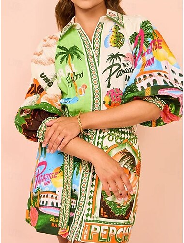  Damen Minikleid Wickelkleid Sommerkleid Kleid mit Puffärmeln Urlaub Geburtstag Urlaub Täglich Regular Fit Graphic Kurzarm Hemdkragen Grün Sommer