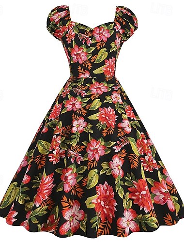  Elegant 1950er Vintage inspiriert Knielang Kleid A-Linie Kleid Teekleid Blume / Blumenmuster A-Linie Damen Weihnachten Karneval Neujahr Heimkehr Alltagskleidung Junggesellinnenabschiedsparty
