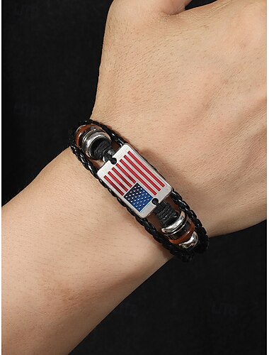  Lederarmband für Herren mit amerikanischer Flagge – stilvolles geflochtenes Armband mit Metall- und Holzakzenten für lässige und patriotische Anlässe