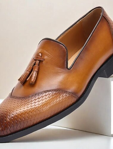  Herren-Loafer aus hellbraunem Leder mit Schlangenmuster und Quastenakzent – hochwertige Slipper aus Rindsleder für Business, formelle Anlässe und den Alltag