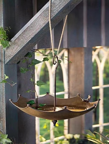  Mangeoire à oiseaux en forme de parapluie, mangeoire à oiseaux suspendue pour étang ou abreuvoir à oiseaux en métal extérieur, mangeoire à oiseaux sauvages en métal pour plate-forme à graines