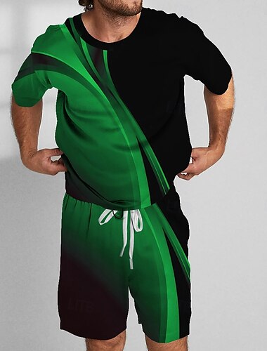  Herren Geometrisch Linie 2St T-Shirts-Sets Sommeroberteile Kurzarm Kurze Hosen Rundhalsausschnitt Sport Lässig Outdoor Täglich Sport 3D-Druck Sommer Rubinrot Violett Grün