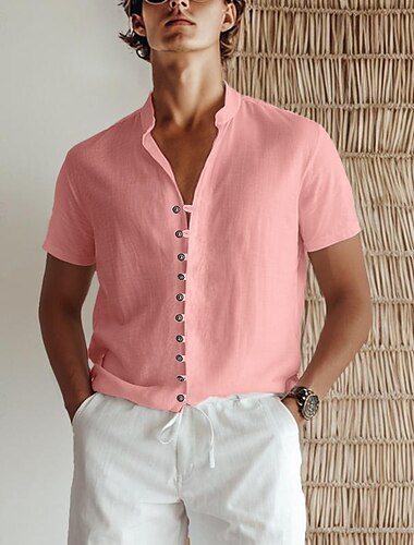  Herren leinenhemd Sommerhemd Strandbekleidung Knopfhemd Glatt Urlaub Strand Weiß Rosa Blau Grün Kurzarm Ständer Frühling Sommer Bekleidung Grundlegend