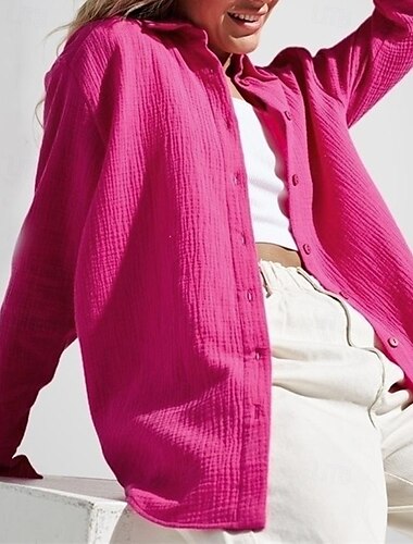  Femmes Chemise Uni Quotidien Élégant Basique manche longue Col de chemise Hauts Réguliers Travail Quotidien Fête Boutons Blanche Bleu Rose Printemps Automne