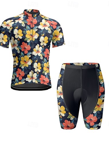  Herren Radtrikot mit Radhose fahrradbekleidung Kurzarm MTB Mountain Rennrad Gelb Rote Dunkelmarine Blumen Pflanzen Fahhrad Spandex Sport Blumen Pflanzen Bekleidung