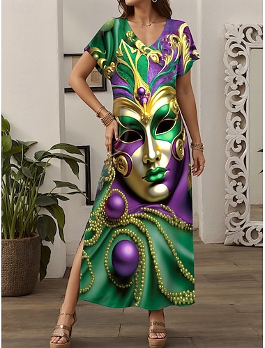  Robe Maxi Femme Robe d'Été Robe Shift Robe d'Été Vintage Épaules Tombantes Cocktail Fête Détendue Manches Courtes Col V Verte Été Printemps
