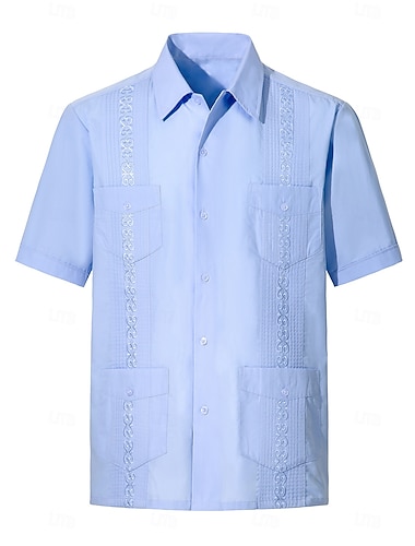  Voor heren Overhemd Guayabera-shirt Lichtgeel Zwart Wit Lichtgroen Marineblauw Korte mouw Strijkijzer School Prestatie Geborduurd Kleding Elegant Vakantie Vintage Neutrale