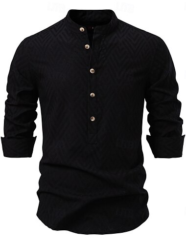  Herren Hemd Popover-Shirt Sommerhemd Lässiges Hemd Strandhemd Knopfhemd Schwarz Weiß Aprikose Langarm Jacquard Solide / einfarbig Stehkragen Urlaub Hawaiianisch Schnalle Bekleidung Modisch