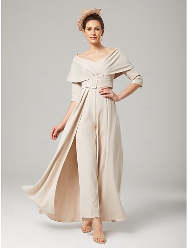  Combinaison Deux Pièces  Tailleur Mère de la Mariée Invité de Mariage Élégante Fête Col Rond Hors Épaule Longueur Cheville Tissu Élastique Manches 3/4 avec Ceinture  Ruban 2025