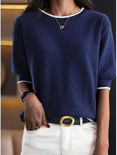  Dames Overhemd Blouse Effen Kleur Stijlvol Casual 3/4 mouw Strakke ronde hals Normale tops Dagelijks Lapwerk blauw Zomer Lente