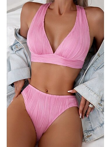  Femme Maillots de Bain Bikinis 2 pièces Slip Brésilien Maillot de bain Dos Nu Mince Vacances Tenues de plage Couleur unie Col V Sans Manches Maillots de bain