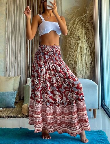  Dámské Dlouhá sukně Elegantní Maxi Vysoký pas Sukně Květinový Geometrický Nabírané šaty Tisk Splývavý Neelastické Jdeme ven Běžné / Denní Černá Rubínově červená Vodní modrá Nebeská modř Léto Polyester