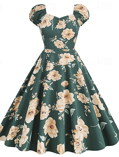  Elegant 1950-tallet Vintage Inspirert Knelengde Kjoler A-linje kjole Tekjole Blomst A-linje Kostyme Dame Jul Karneval Nytt År Ball Dagligdagstøy Utdrikningslag Voksne Hjemkomstkjoler Sommer