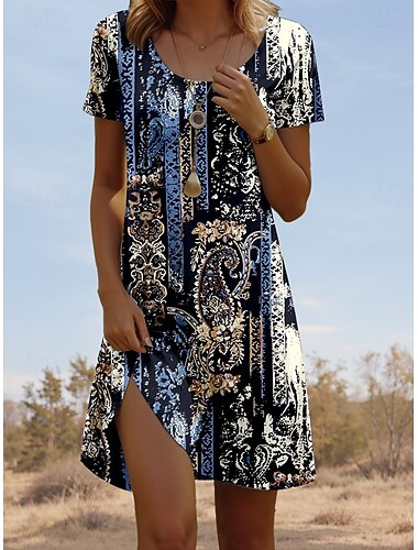  Damen Minikleid Freizeitkleid Vintage Lässig Täglich Normale Passform Geometrisch Farbblock Kurzarm Rundhalsausschnitt Blau Sommer