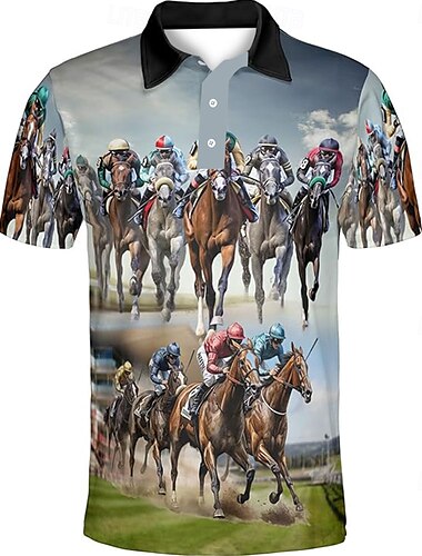  Kentucky Derby Herren Pferderennen Polo Kurzarm Polo-Shirts Hemden mit Kragen Business-Casual Outdoor Alltagskleidung Festival-Outfit 3D-Druck Sommer Frühling Herbst Schwarz Grün Grau
