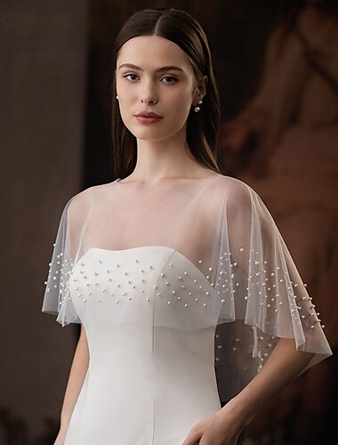  Braut Wraps Elegant Voiles und Sheers Kurzarm Tüll Hochzeit Schals Mit Kunstperlen Für Hochzeit Frühling & Herbst
