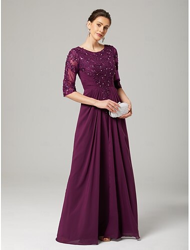  Säulen  Kolonne Brautmutter Kleid Formelles Hochzeitsgast Elegant Funkeln  Glanz Rundhalsausschnitt Asymmetrisch Bodenlang Chiffon Spitze 3/4 Länge Ärmeln mit Paillettenapplikationen 2025